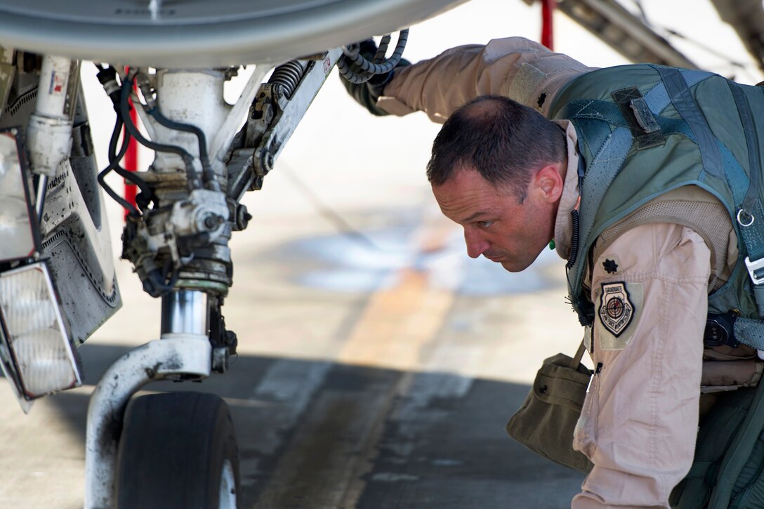 U.S. Air Force Lt. Col. Michael Meyer performs pre-flight checks on an F-16 Fighting Falcon aircraft on Bagram Airfield, Afghanistan, Oct. 30, 2015. Myers is commander, 421st Expeditionary Fighter Squadron. U.S. Air Force photo by Tech. Sgt. Robert Cloys
