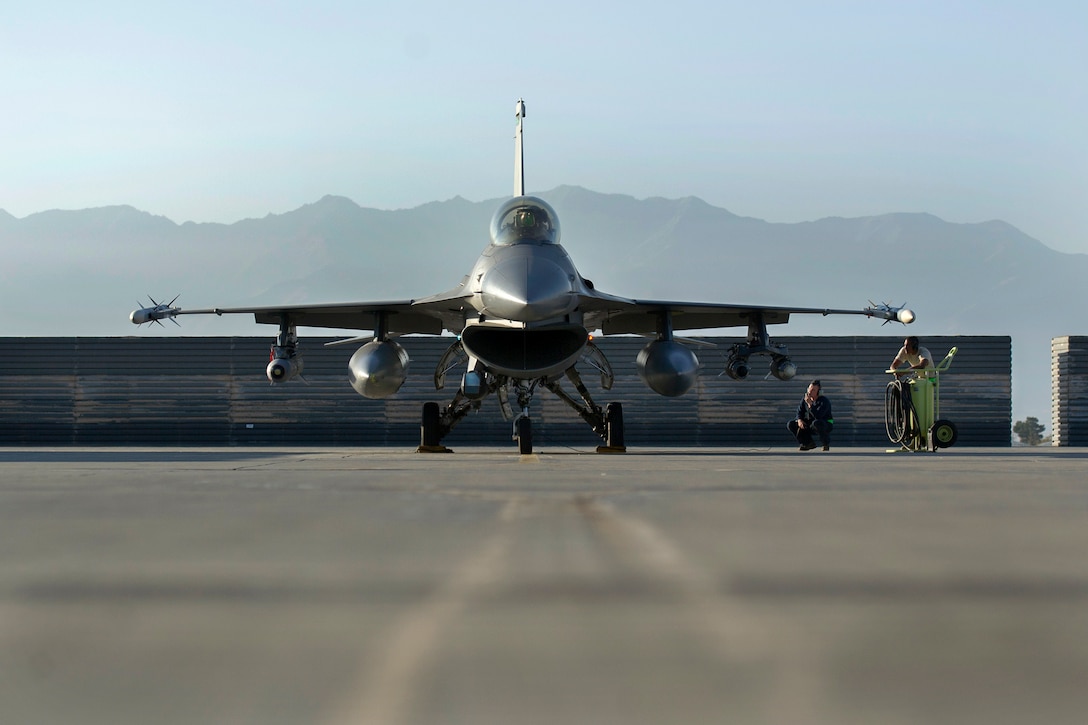 An F-16 Fighting Falcon aircraft piloted by U.S. Air Force Lt. Col. Michael Meyer prepares to depart for a sortie mission on Bagram Airfield, Afghanistan, Oct. 30, 2015. Myers is commander, 421st Expeditionary Fighter Squadron. U.S. Air Force photo by Tech. Sgt. Robert Cloys