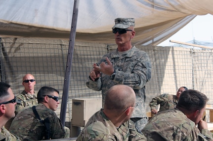 Army Command Sgt. Maj. Richard J. Burch, command sergeant major of the Army National Guard, visits with Soldiers of the 230th Signal Company, Tennessee Army National Guard, at Kandahar Airfield, Afghanistan, to discuss the future of the Army National Guard and answer Soldiers' questions Oct. 20, 2011.