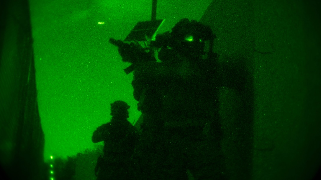 Marines with Company C, 1st Marine Raider Battalion, U.S. Marine Corps Forces, Special Operations Command maneuver on foot from building to building during a night raid aboard Marine Corps Base Camp Pendleton, Calif., Oct. 9, 2015. Marine Special Operations Company C spent the first phase of their three-phase Company Collective Exercise practicing Foreign Internal Defense aboard Marine Corps Base Camp Pendleton, Calif., Oct. 5-8.