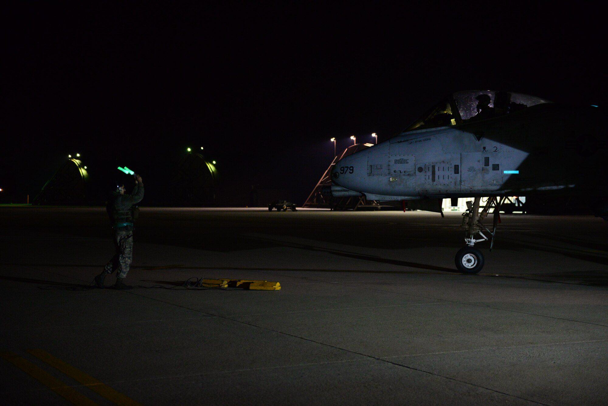 An A- 10 Thunderbolt II taxis in on the first night of Vigilant Ace 16 at Osan Air Base, Republic of Korea, Nov 2, 2015. Vigilate Ace is a peninuslas wide operational readiness exercise focused on strengthening the ROK/US alliance.  (U.S. Air Force photo/Staff Sgt. Amber Grimm)