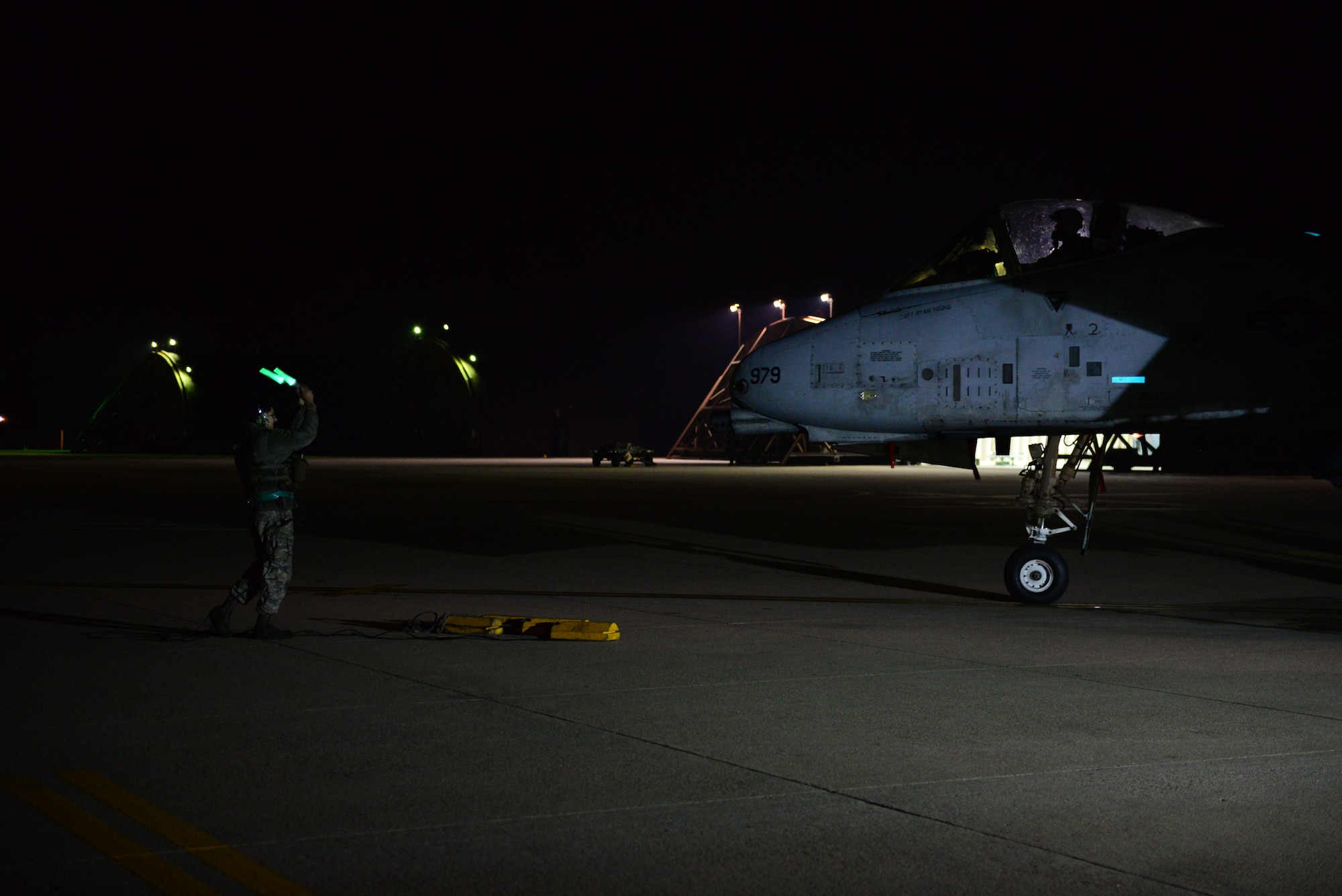 An A- 10 Thunderbolt II taxis in on the first night of Vigilant Ace 16 at Osan Air Base, Republic of Korea, Nov 2, 2015. Vigilate Ace is a peninuslas wide operational readiness exercise focused on strengthening the ROK/US alliance.  (U.S. Air Force photo/Staff Sgt. Amber Grimm)