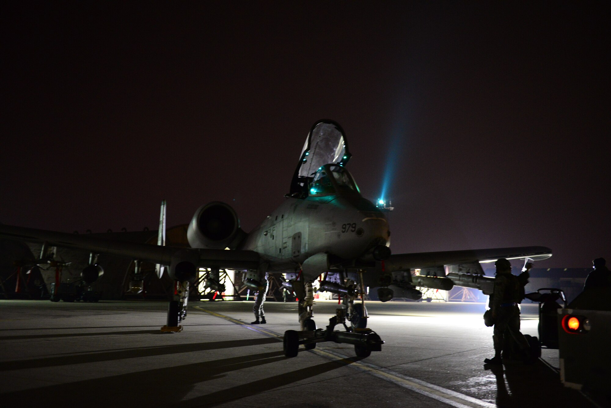 Members of the 25th Fighter Squadron ready A-10 Thunderbolt II's for night operations during the first night of Vigilante Ace 16 held at Osan Air Base, Republic of Korea, Nov. 2, 2015. Vigilate Ace is a peninuslas wide operational readiness exercise focused on strengthening the ROK/US alliance. 
(U.S. Air Force photo/Staff Sgt. Amber Grimm)