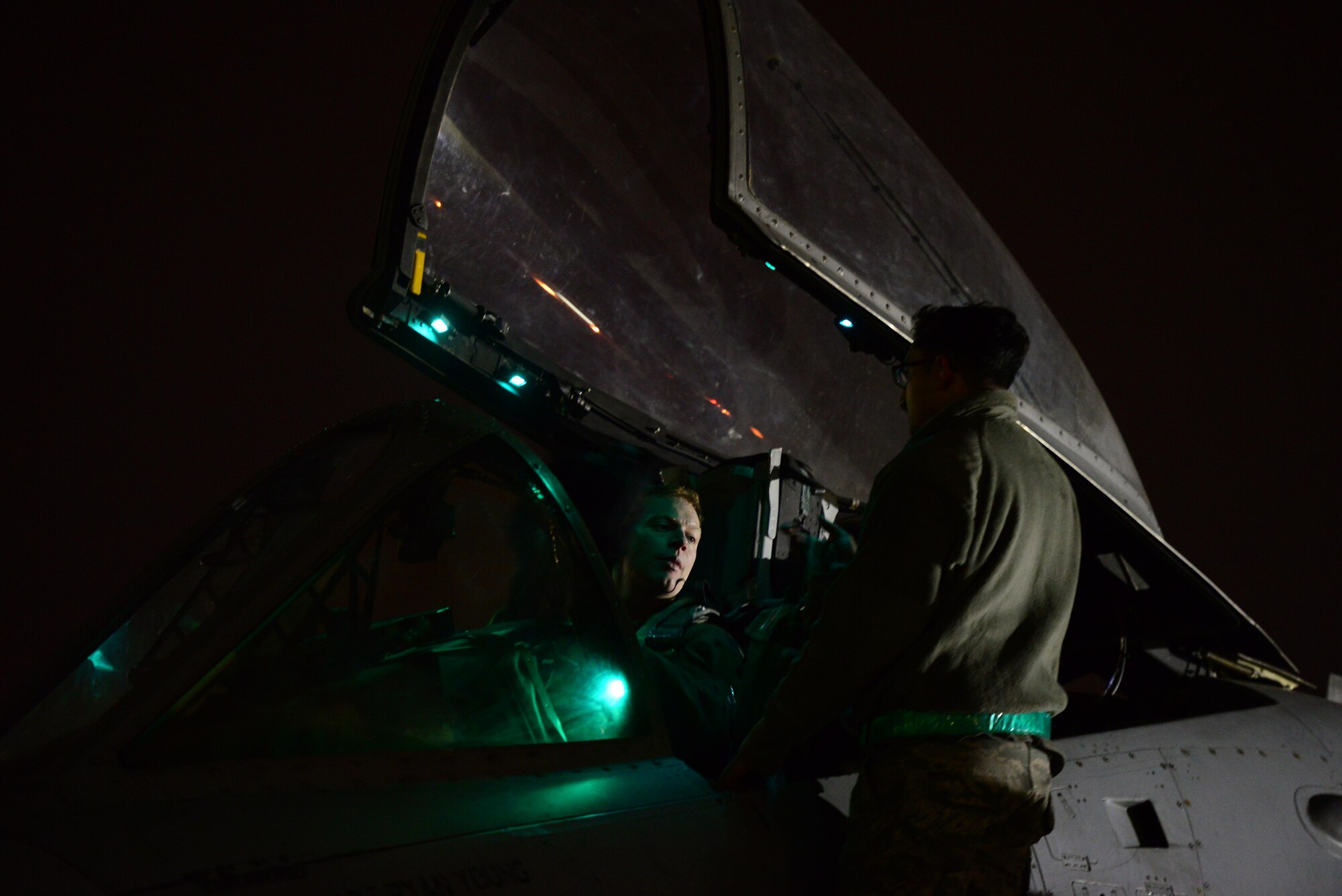 Capt. Kris 'Nimitz' Elmstedt, 25th Fighter Squadron A-10 Thunderbolt II pilot, returns from a mission during the first night of Vigilant Ace 16 at Osan Air Base, Republic of Korea, Nov. 2, 2015. Vigilant Ace is a peninusla wide operational readiness exercise geared toward increasing the interoperability neccessary to maintain the Mutual Defense Treaty between the ROK and the U.S.
(U.S. Air For,ce photo/Staff Sgt. Amber Grimm)