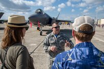 Master Sgt. Chris Cabano, 33rd Aircraft Maintenance Squadron, describes the F-35 during the 2015 Joint Base San Antonio Air Show and Open House Nov. 1, 2015 at JBSA-Randolph, Texas. Air shows allow the Air Force to display the capabilities of our aircraft to the American taxpayer through aerial demonstrations and static displays and allowing attendees to get up close and personal to see some of the equipment and aircraft used by the U.S. military today. (U.S. Air Force photo by Johnny Saldivar) 
