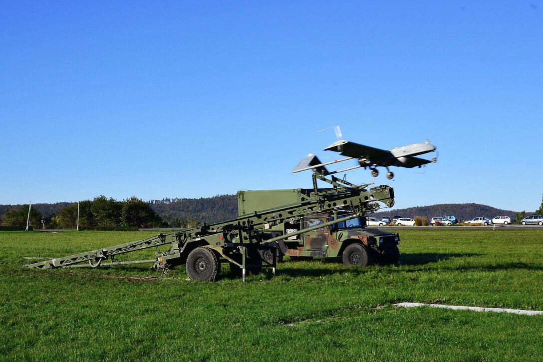 An RQ7B unmanned aircraft system takes flight from a nitrogen launcher during Exericse Rock Proof V at Aeroclub Postonja, Slovenia, Oct. 20, 2015. U.S. Army photo by Paolo Bovo