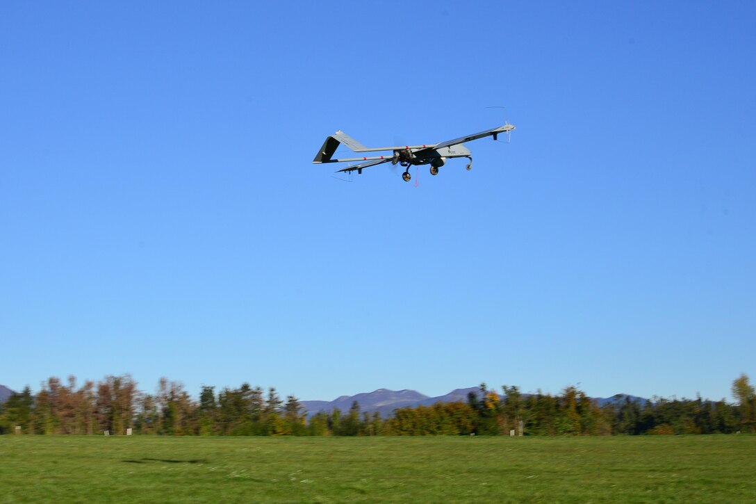 An RQ7Bl unmanned aircraft system flies after taking off from a nitrogen launcher during Exercise Rock Proof V at Aeroclub Postonja, Slovenia, Oct. 20, 2015. U.S. Army photo by Paolo Bovo