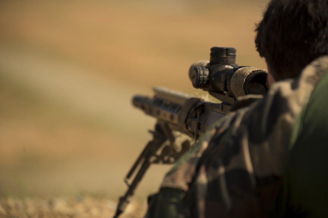 A Marine with Company C, 1st Marine Raider Battalion, U.S. Marine Corps Forces, Special Operations Command fires at distant, static targets during a Company Collective Exercise aboard Marine Corps Base Camp Pendleton, Calif., Oct. 7, 2015. Marine Special Operations Company C spent the first phase of their three-phase Company Collective Exercise practicing Foreign Internal Defense aboard Marine Corps Base Camp Pendleton, Calif., Oct. 5-8.