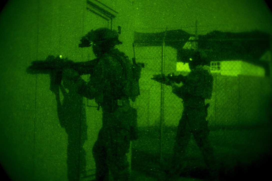 Marines with Company C, 1st Marine Raider Battalion, U.S. Marine Corps Forces, Special Operations Command provide security during a night raid aboard Marine Corps Base Camp Pendleton, Calif., Oct. 8, 2015. Marine Special Operations Company C spent the first phase of their three-phase Company Collective Exercise practicing Foreign Internal Defense aboard Marine Corps Base Camp Pendleton, Calif., Oct. 5-8.