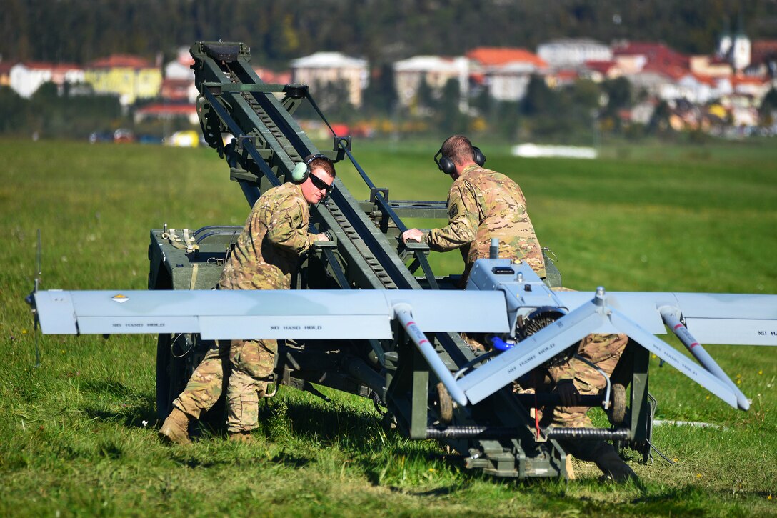 U.S. paratroopers conduct preflight checks on an RQ7B unmanned aircraft system during Exercise Rock Proof V at Aeroclub Postonja, Slovenia, Oct. 20, 2015. U.S. Army photo by Paolo Bovo
