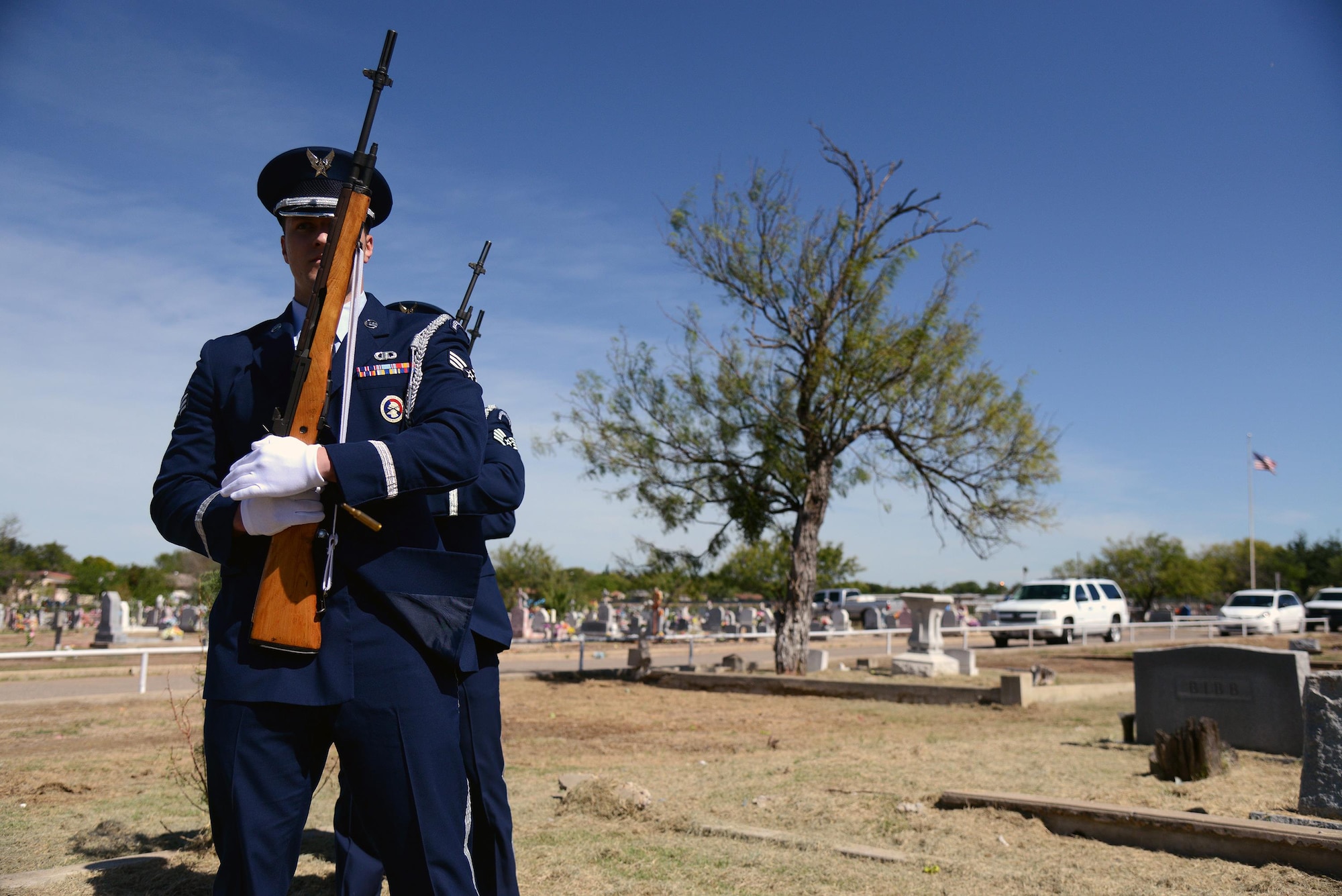 Senior Airman David Lucas, 47th Operations Support Squadron air traffic controller, ejects a round in Eagle Pass, Texas, Oct. 28, 2015. Historically, three volleys of rifle fire were fired to indicate that the casualties had been cared for in a combat environment, and that the fighting could resume. (U.S. Air Force photo by Airman 1st Class Brandon May)(Released)