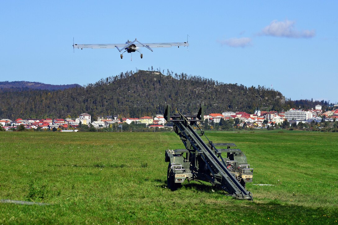 An RQ7B unmanned aircraft system takes off from a nitrogen launcher during Exercise Rock Proof V at Aeroclub Postonja, Slovenia, Oct. 20, 2015. U.S. Army photo by Paolo Bovo