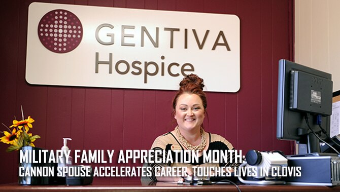 Jennifer Higareda, master level social worker and Air Force spouse, sits at the front desk Oct. 14, 2015 at the Gentiva Hospice at Clovis, N.M. Since arriving at Cannon Air Force Base, N.M., from Florida more than six years ago, Higareda earned her licensure as a master level social worker and cultivated lasting personal and professional friendships within the local community. (U.S. Air Force photo/Staff Sgt. Whitney Amstutz)