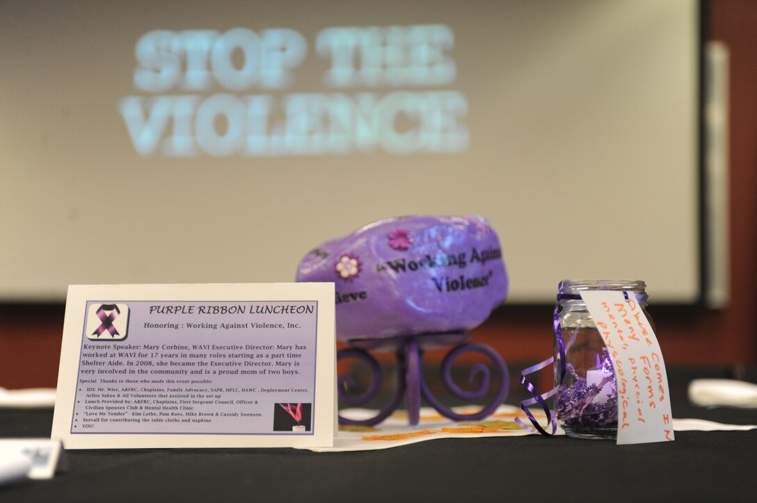 The Family Advocacy program hosted a Purple Ribbon Luncheon to commemorate the efforts of Working Against Violence, Inc. at Ellsworth Air Force Base, S.D., Oct. 27, 2015. The luncheon was held to increase awareness of available resources for victims of domestic violence and sexual assault. (U.S. Air Force photo by Airman Sadie Colbert/Released)