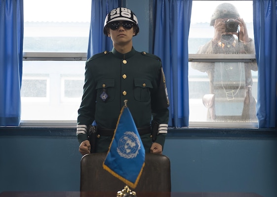 A South Korean soldier stands guard in the Joint Security Area during U.S. Marine Corps Gen. Joseph F. Dunford Jr., chairman of the Joint Chiefs of Staff, visit to the Demilitarized Zone in South Korea, Nov. 2, 2015, DoD photo by U.S. Navy Petty Officer 2nd Class Dominique A. Pineiro