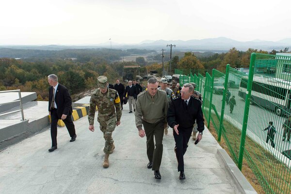 U.S. Marine Corps Gen. Joseph F. Dunford Jr., chairman of the Joint Chiefs of Staff, speaks with U.S. Army Lt. Gen. Bernard S. Champoux, commanding general the 8th U.S. Army and chief of staff of the United Nations Command in South Korea, during a trip to the Demilitarized Zone dividing the two Koreas, Nov. 2, 2015. DoD photo by U.S. Navy Petty Officer 2nd Class Dominique A. Pineiro