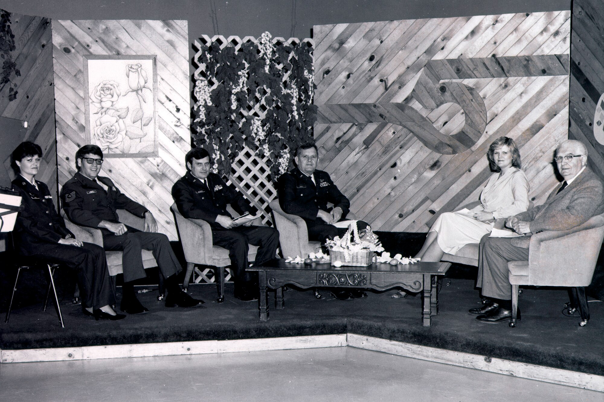 From left, TSgt. Jackie Rice, MSgt. Lowell Schleiff, Capt. John McCormick, Col. Charles Harris, Pam Worrell and John Candler appeared on the unit's first television show, April 20, 1984. The Airmen guest starred on Noon at 5 and were assigned to the 188th Wing, then the 188th Tactical Fighter Group. (Coutesy photo)