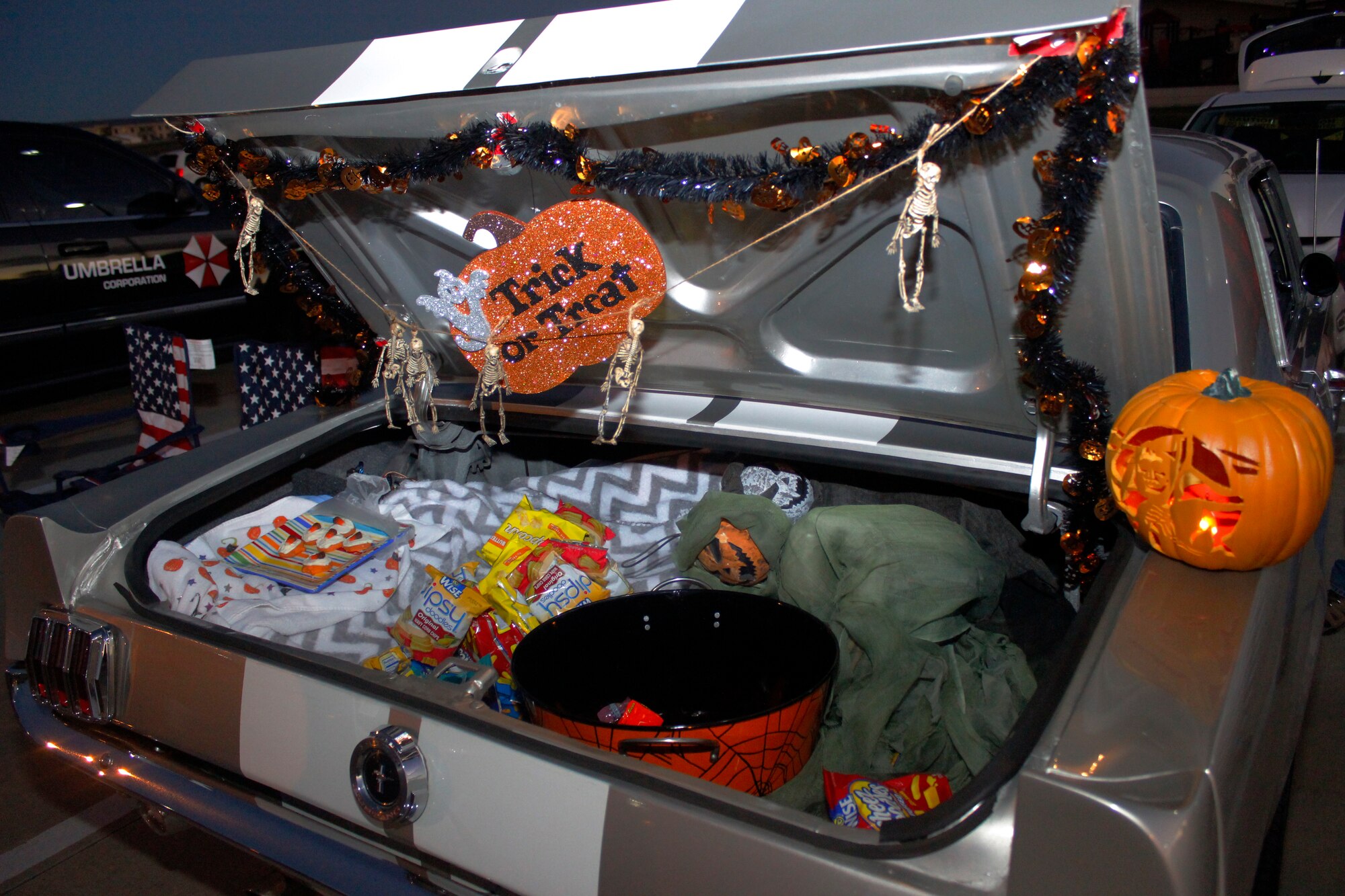 Decorations cover a vehicle outside the Buckley Youth Center Oct. 31, 2015, on Buckley Air Force Base, Colo. The Cruisin’ Panthers sponsored a Trunk or Treat for Buckley AFB youth, handing out candy out of their vehicles instead of houses. (U.S. Air Force photo by Staff Sgt. Darren Scott/Released)