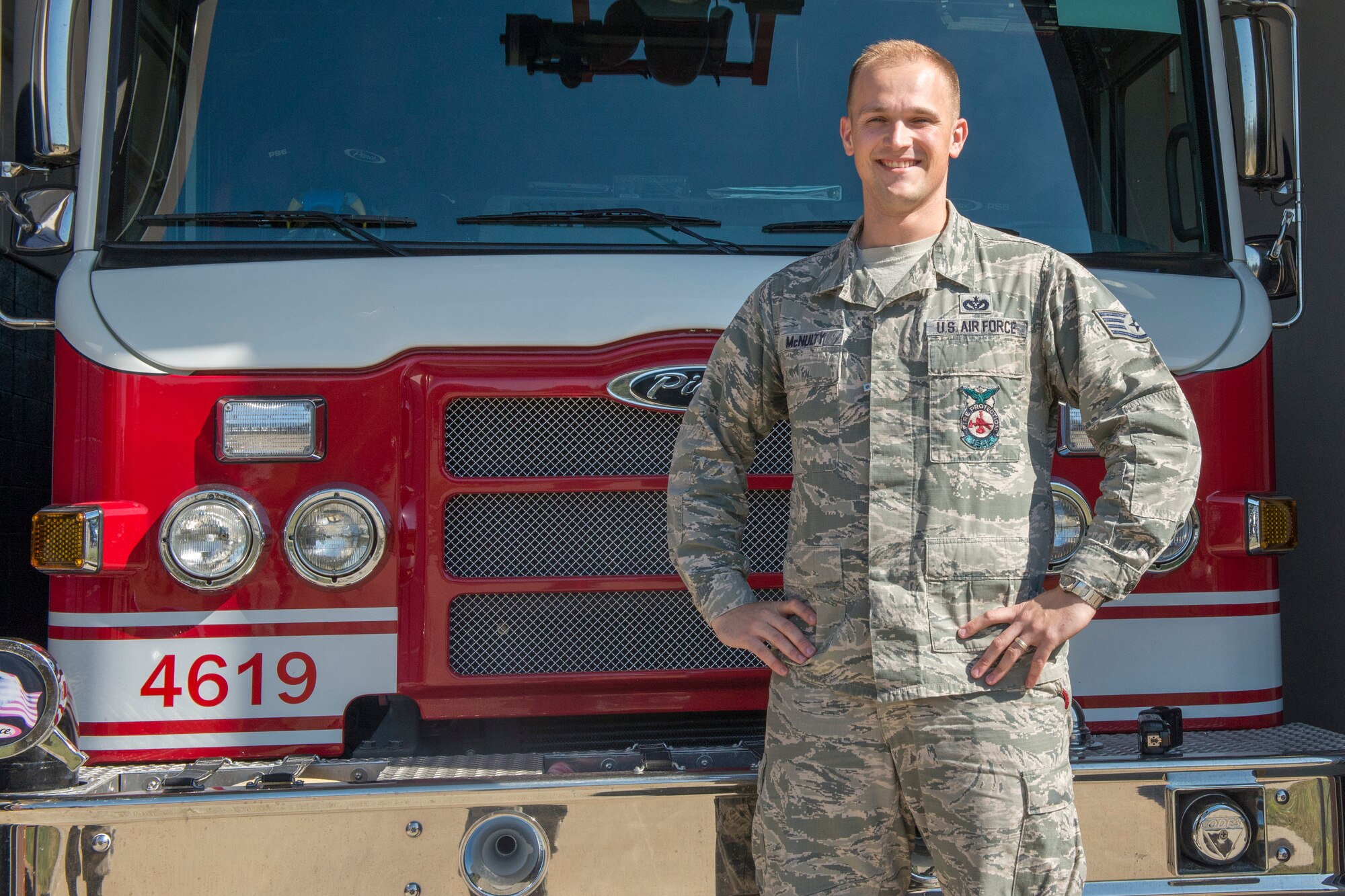 Staff Sgt. Stephen McNulty is a fire inspector  for the 375th Civil Engineer Squadron, Scott Air Force Base, Illinois.  He was one of the Scott Airmen to be accepted to the Air Force Basic Officer Training. (U.S. Air Force photo by Airmen 1st Class Melissa Estevez)