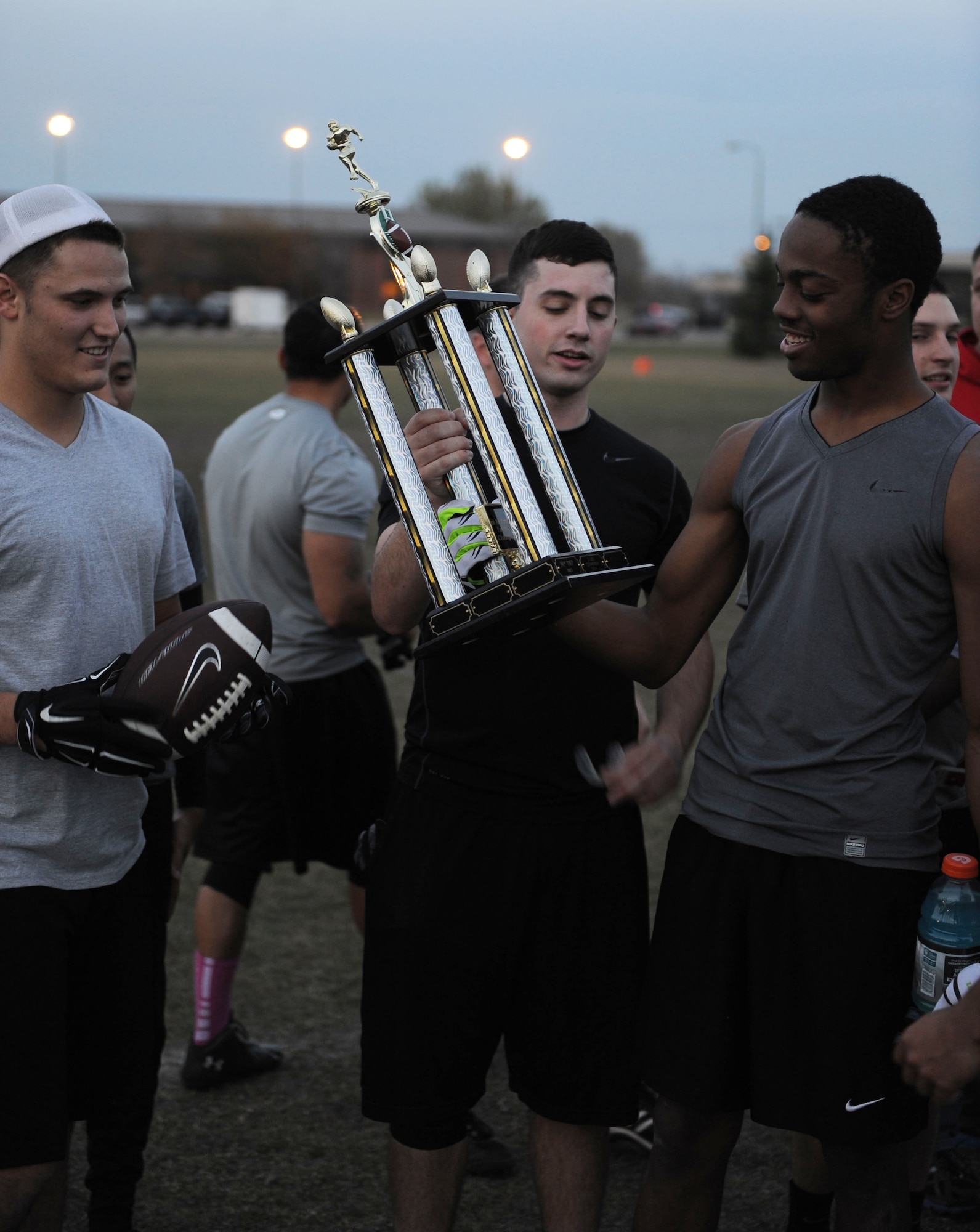 The 91st Missile Security Forces Squadron team recently won the Minot AFB Flag Football Championship, Oct. 19, 2015 at Minot Air Force Base, N.D. The team cruised through the championship game with a 56-18 win over the 705th Munitions Squadron team. The flag football program has been going on at Minot AFB for years as a way to build morale and for Airmen to come together and learn how to work together as a team, on and off the field. Win or lose the flag football program is all in good fun and faith. (U.S. Air Force photos/Senior Airman Kristoffer Kaubisch)