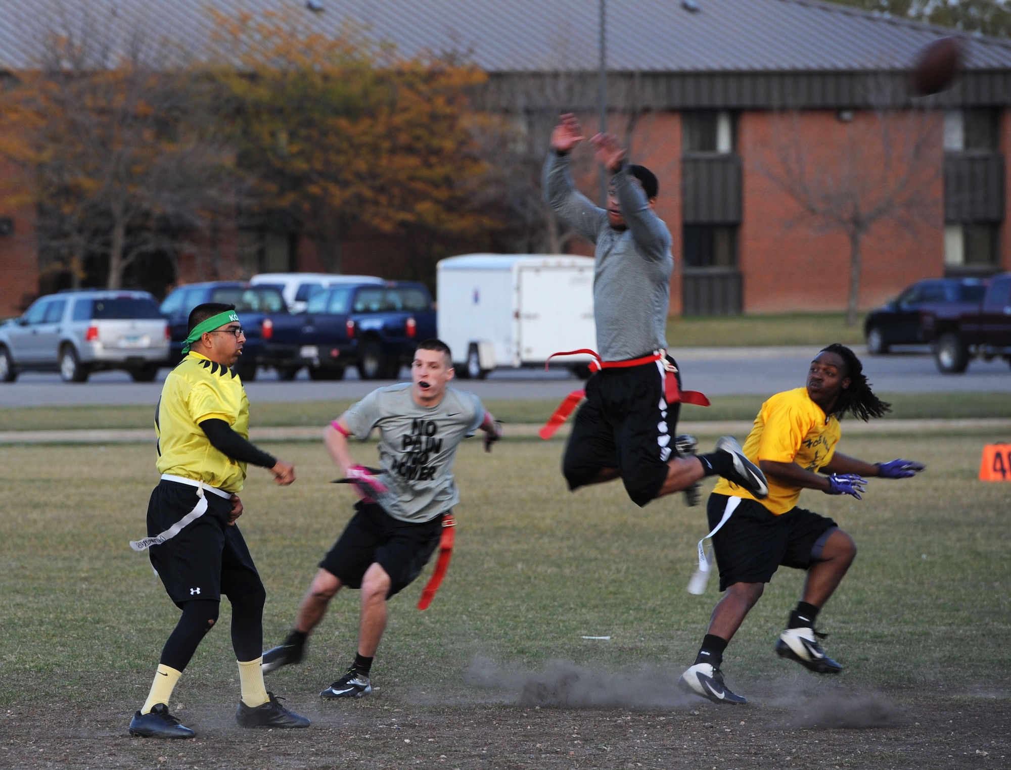 The 91st Missile Security Forces Squadron team recently won the Minot AFB Flag Football Championship, Oct. 19, 2015 at Minot Air Force Base, N.D. The team cruised through the championship game with a 56-18 win over the 705th Munitions Squadron team. The flag football program has been going on at Minot AFB for years as a way to build morale and for Airmen to come together and learn how to work together as a team, on and off the field. Win or lose the flag football program is all in good fun and faith. (U.S. Air Force photos/Senior Airman Kristoffer Kaubisch)