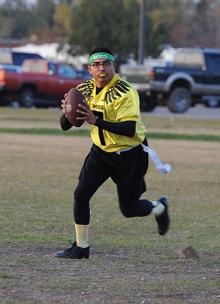 The 91st Missile Security Forces Squadron team recently won the Minot AFB Flag Football Championship, Oct. 19, 2015 at Minot Air Force Base, N.D. The team cruised through the championship game with a 56-18 win over the 705th Munitions Squadron team. The flag football program has been going on at Minot AFB for years as a way to build morale and for Airmen to come together and learn how to work together as a team, on and off the field. Win or lose the flag football program is all in good fun and faith. (U.S. Air Force photos/Senior Airman Kristoffer Kaubisch)