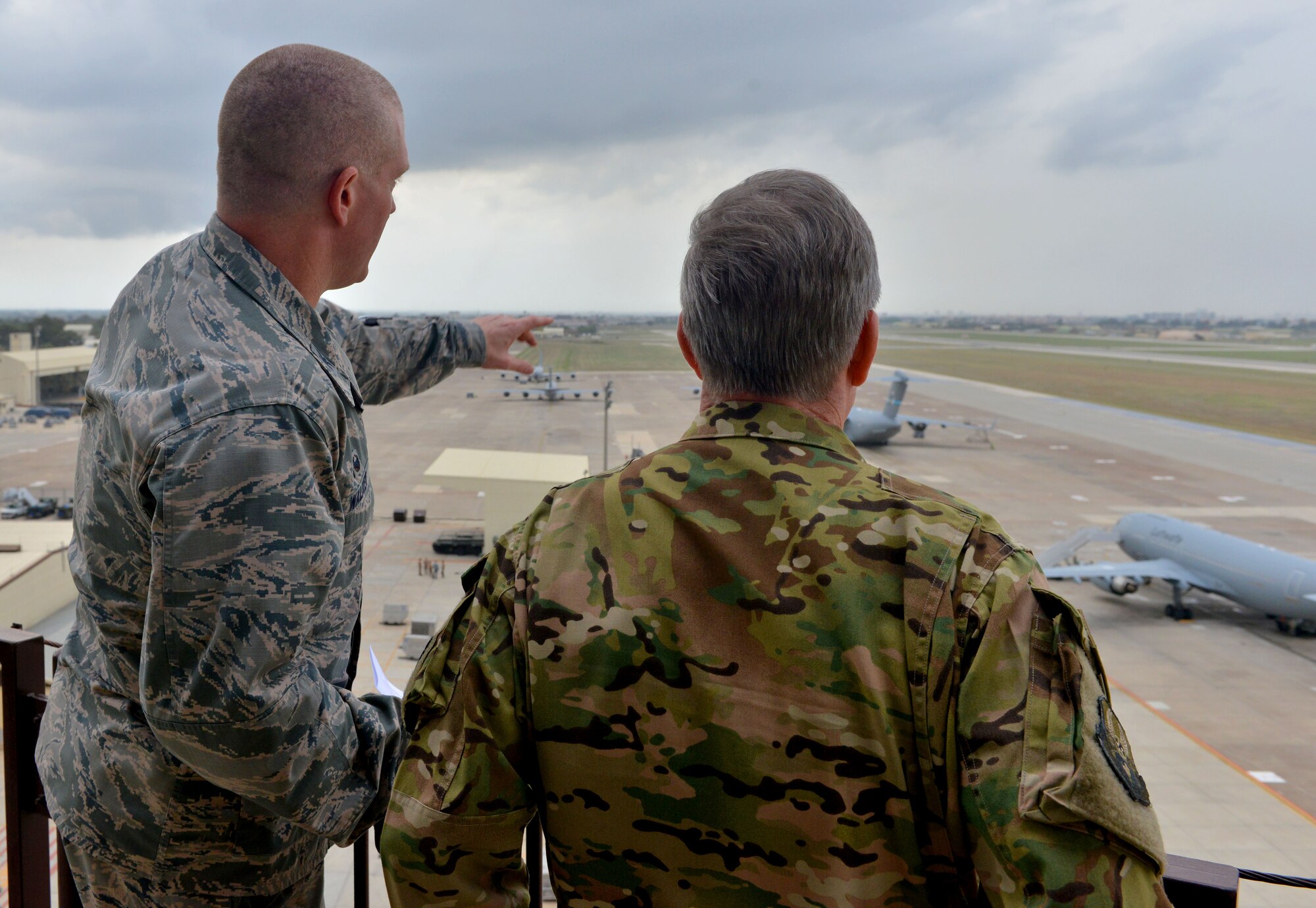 Col. John Walker, 39th Air Base Wing commander, discusses flight line operations with U.S. Air Force Gen. Hawk Carlisle, commander of Air Combat Command, during a base visit Oct. 22, 2015, at Incirlik Air Base, Turkey. Carlisle met with leadership to learn more about the 39th ABW and its mission. (U.S. Air Force photo by Senior Airman Michael Battles/Released)