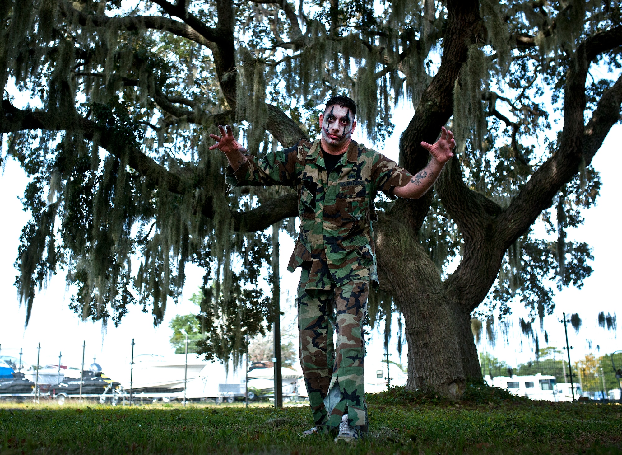 An Air Force zombie moves in for a bite during the annual Zombie Stomp run Oct. 30 at Eglin Air Force Base, Fla.  More than 150 turned out to duck, dodge and outrun zombie hordes throughout the 5k run.  (U.S. Air Force photo/Samuel King Jr.)