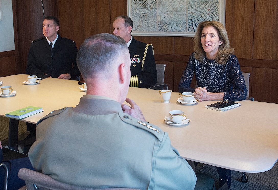 U.S. Marine Corps Gen. Joseph F. Dunford Jr., chairman of the Joint Chiefs of Staff, meets with Caroline Kennedy, U.S. Ambassador to Japan in Tokyo, Nov. 3, 2015. DoD photo by U.S. Navy Petty Officer 2nd Class Dominique A. Pineiro