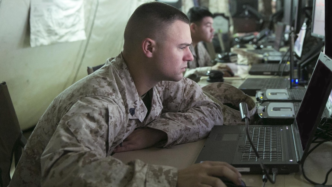 Sgt. Michael Hoxie, air intercept controller, Marine Air Control Squadron 2, utilizes the  Common Aviation Command and Control System during Weapons and Tactics Instructor Course 1-16 at Marine Corps Air Station Yuma, Ariz. Oct. 20, 2015. CAC2S is a new system being tested within this iteration of WTI.