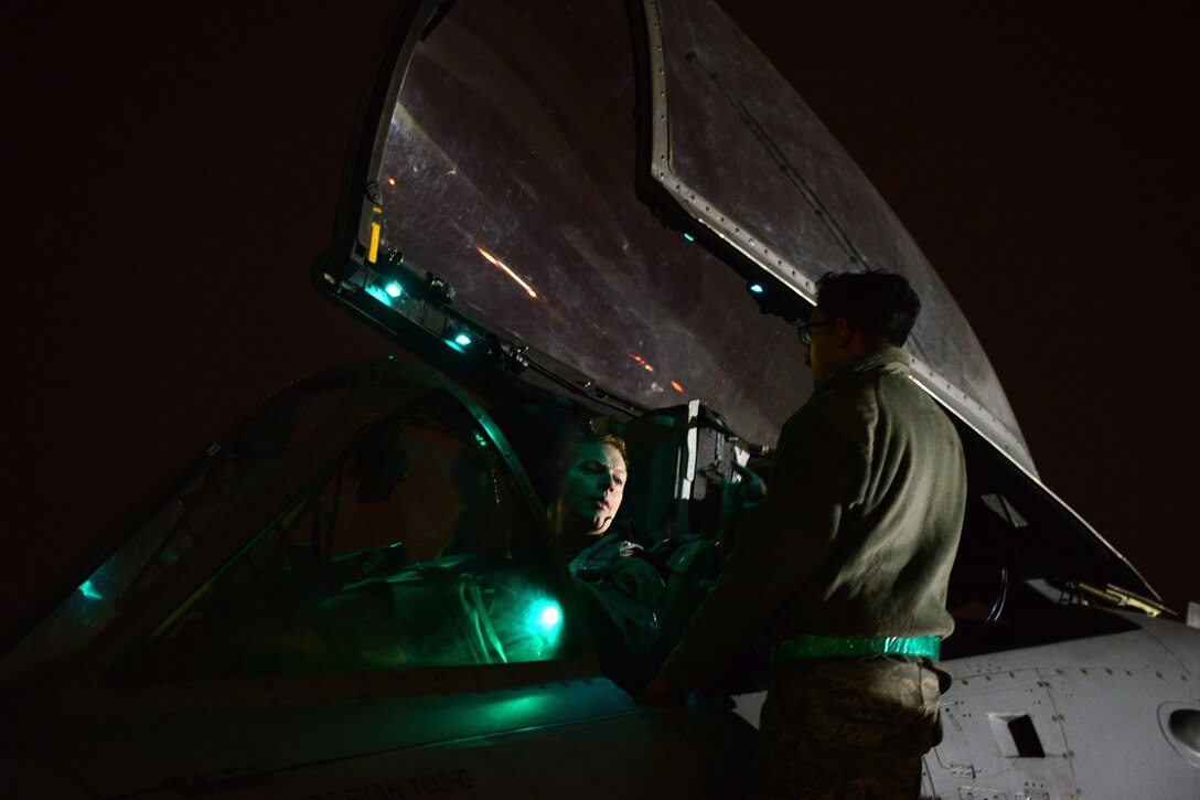 U.S. Air Force Capt. Kris Elmstedt returns from a night mission during the first night of Vigilant Ace 16 on Osan Air Base, South Korea, Nov. 2, 2015. Elmstedt is a pilot assigned to the 25th Fighter Squadron. U.S. Air Force photo by Staff Sgt. Amber Grimm
