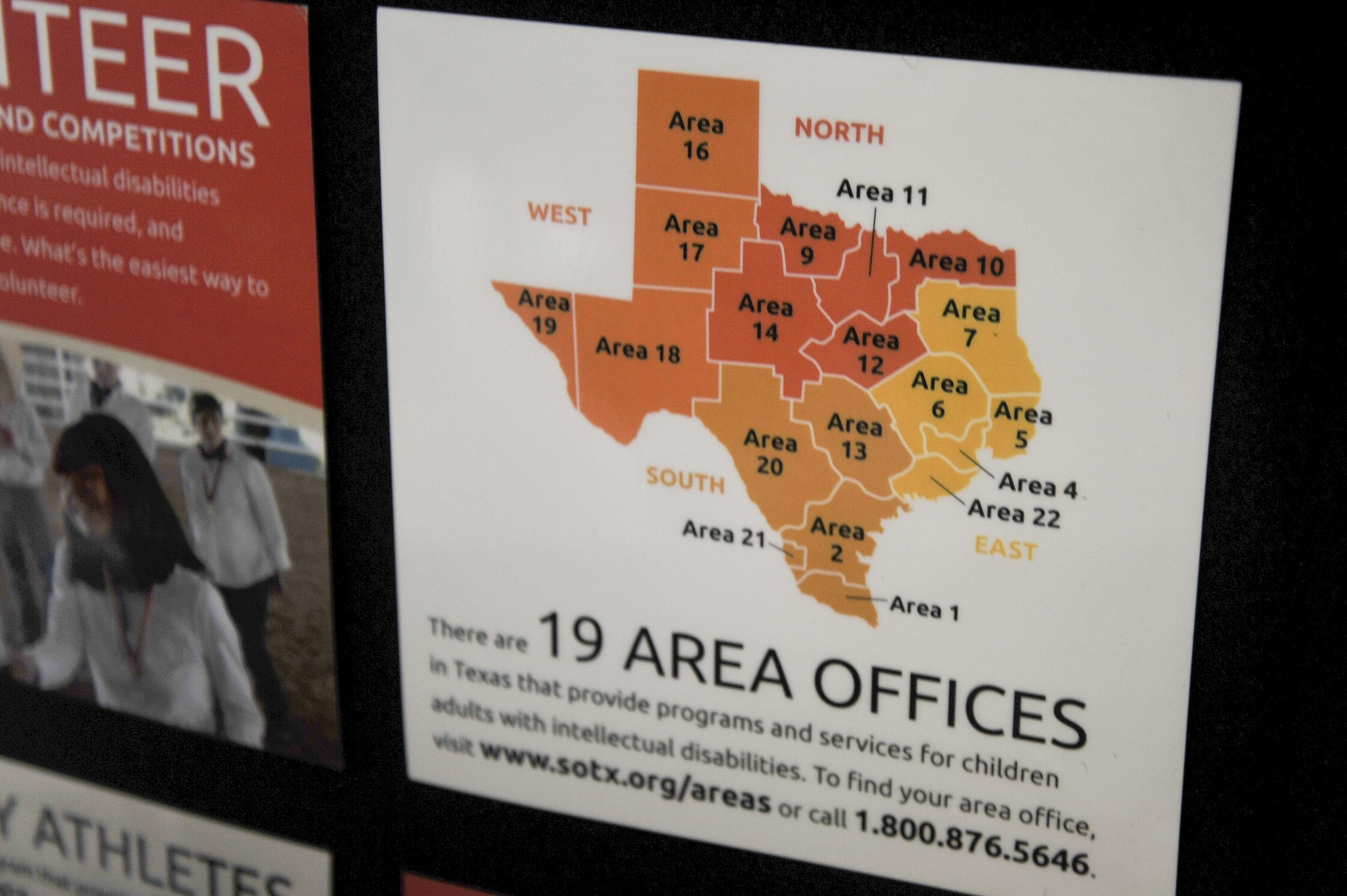 A map at the Special Olympics booth shows the 19 Area Offices for Texas during the Volunteer Fair at the Carswell Field House on Goodfellow Air Force Base, Texas, Oct. 28, 2015. Each area has its own activities with San Angelo being in Area 14. (U.S. Air Force photo by Airman Chase Sousa/Released)