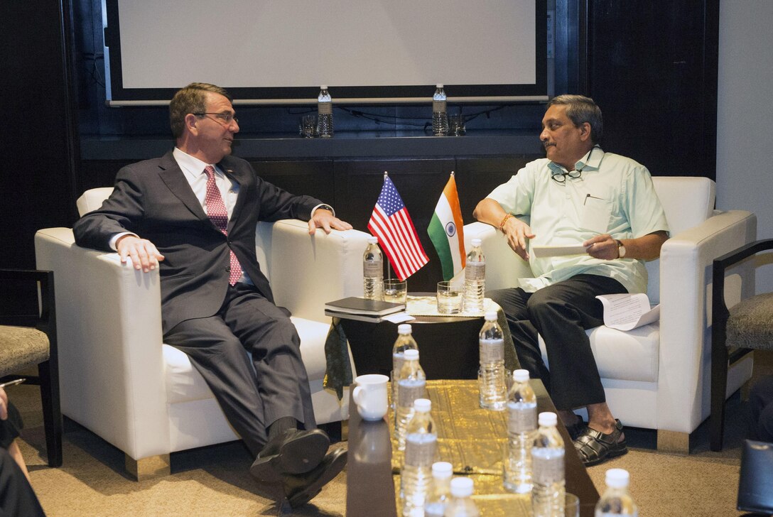 U.S. Defense Secretary Ash Carter meets with Indian Defense Minister Manohar Parrikar during the Association of Southeast Asian Nations Defense Ministers' Meeting – Plus in Kuala Lumpur, Malaysia, Nov. 3, 2015. DoD photo by Air Force Senior Master Sgt. Adrian Cadiz