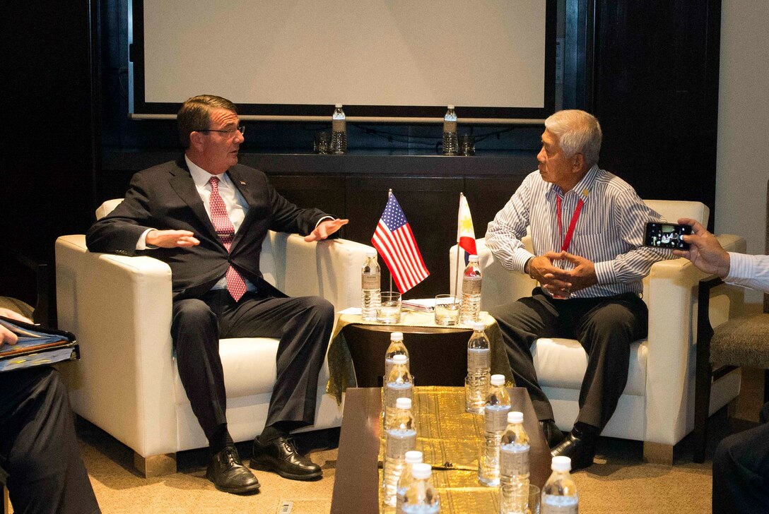 U.S. Defense Secretary Ash Carter meets with Philippine Secretary of National Defense Voltaire Gazmin during the Association of Southeast Asian Nations Defense Ministers' Meeting – Plus in Kuala Lumpur, Malaysia, Nov. 3, 2015. DoD photo by Air Force Senior Master Sgt. Adrian Cadiz