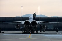 Airmen from the 67th Fighter Squadron Aircraft Maintenance Unit inspect an F-15 Eagle after it arrives from Kadena Air Base, Japan, in support of Vigilant Ace 16 on Gwangju Air Base, Republic of Korea, Nov. 2, 2015. Vigilant Ace 16 is a peninsula-wide training event designed to test the readiness of U.S. and Republic of Korea forces. (U.S. Air Force photo/Senior Airman Omari Bernard)