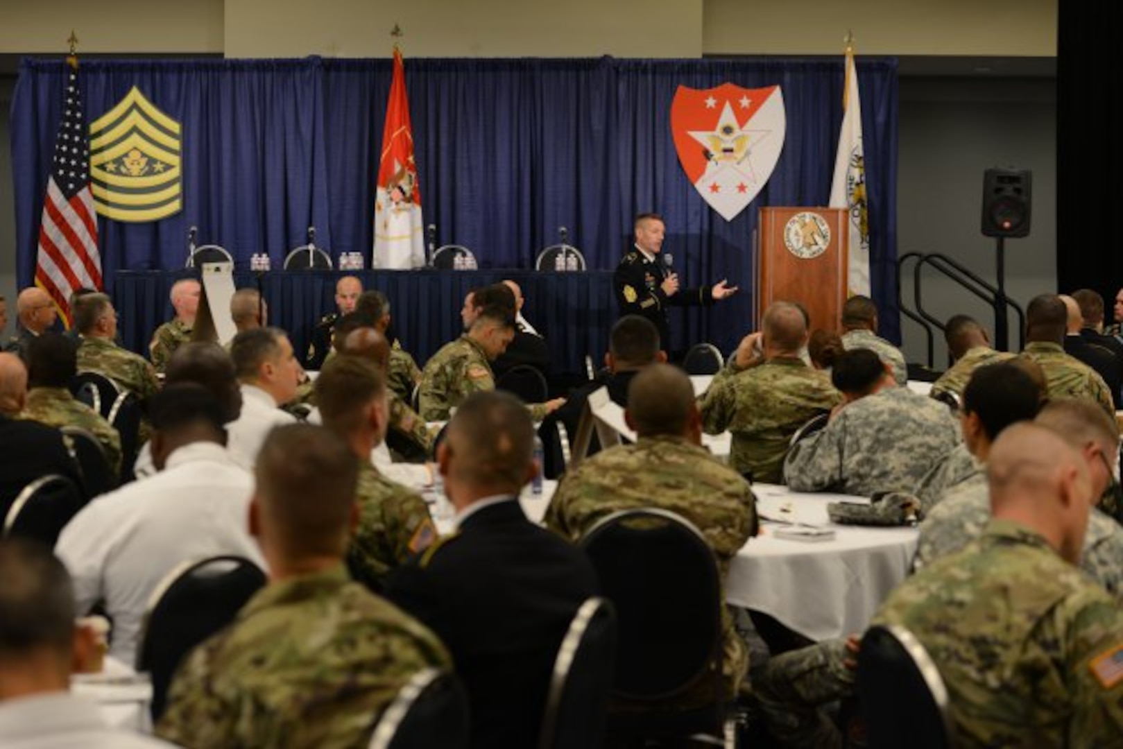Sgt. Maj. of the Army Daniel A. Dailey delivers opening remarks during the annual meeting of the Association of the United States Army-hosted SMA's Professional Development Forum in Washington, D.C., Oct. 13, 2015. 