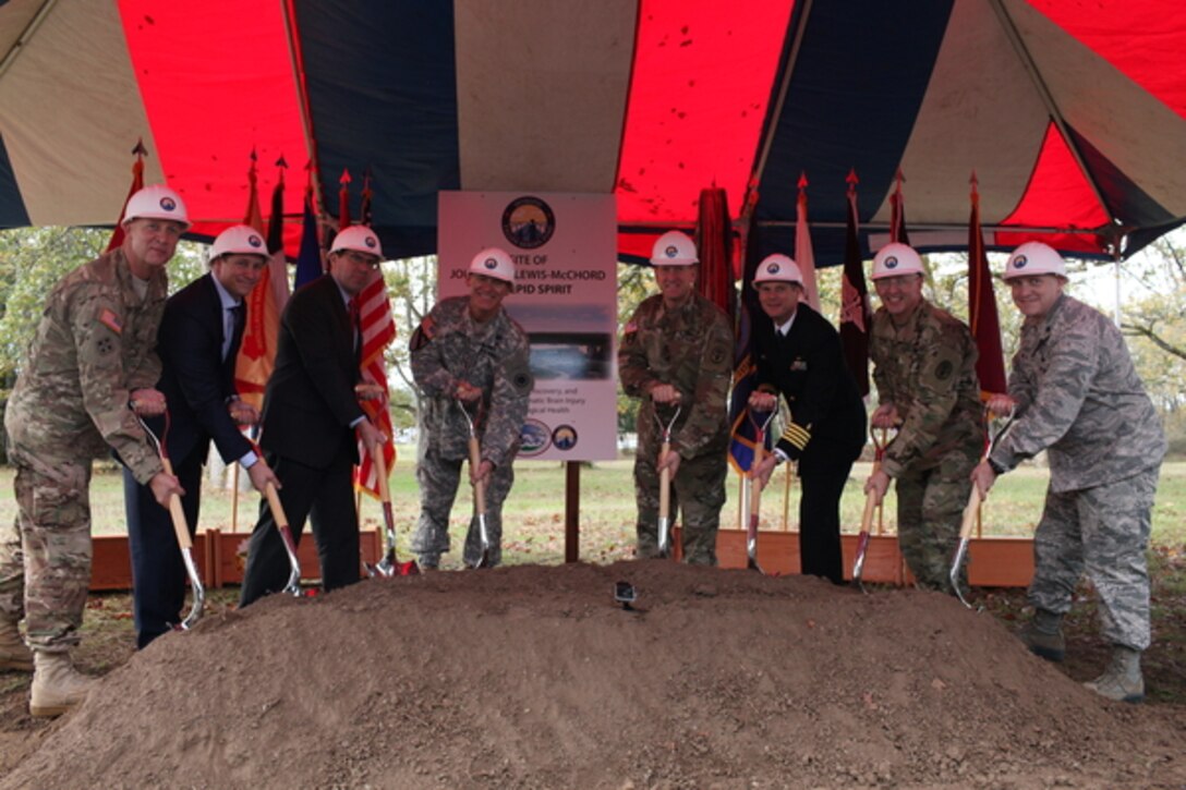 The Intrepid Fallen Heroes Fund, representatives from Joint Base Lewis-McChord, and Madigan Army Medical Center broke ground Oct. 29 on a new Intrepid Spirit Center that will diagnose and treat Traumatic Brain Injury and psychological health conditions in JBLM service members.