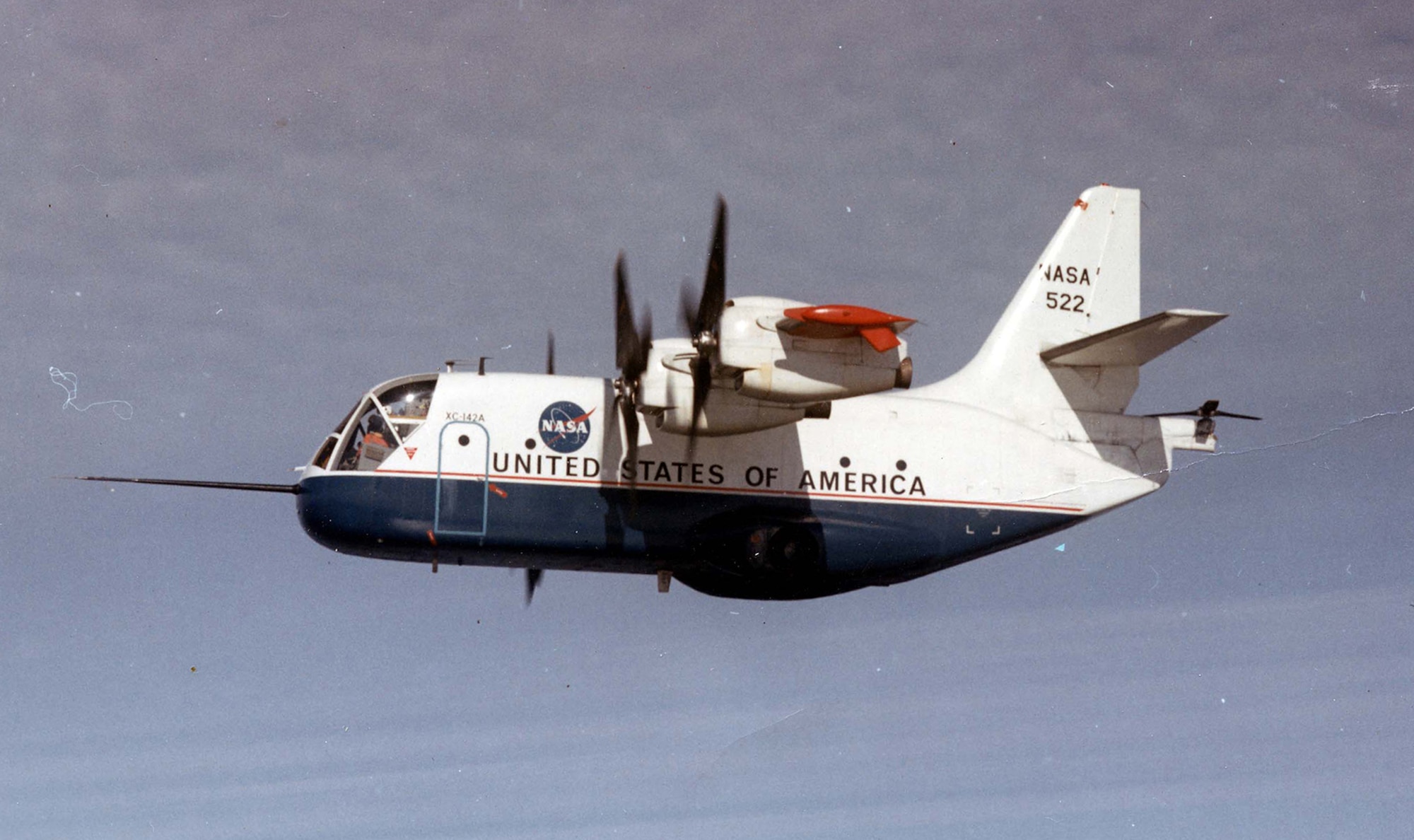 With the wings tilted up, an XC-142A took off and landed like a helicopter. The wings could be tilted forward to provide the speed of a fixed-wing aircraft. The engines were linked together so that a single engine could turn all four propellers and the tail rotor (the tail rotor provided pitch control while in vertical flight). (U.S. Air Force photo)