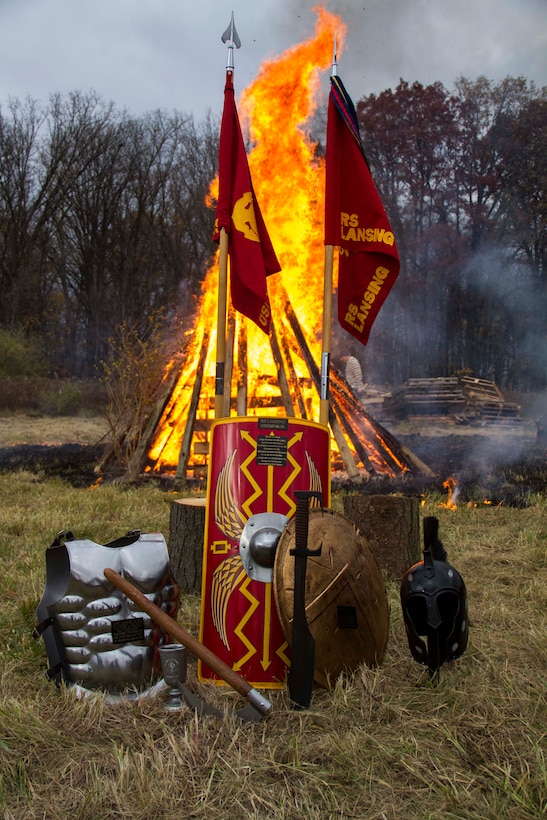 Marines from Recruiting Station Lansing attend the annual “Triumph” to celebrate another successful fiscal year, Oct. 30, 2015.  During the event awards were presented followed by a 30-foot-tall bonfire and a night under the stars in near freezing weather. 