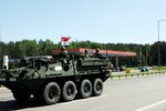 A Stryker vehicle from the 56th Stryker Brigade Combat Team passes a gas station north of Vilnius enroute to Rukla. A platoon of soldiers from the 28th Infantry Division unit from Hazleton, Pennsylvania, will spend two weeks training in the Saber Strike 2015 exercise. Saber Strike is a long-standing U.S. Army Europe-led cooperative training exercise. Projected changes to National Guard units will lead to conversion of some, including the 81st Armored Brigade Combat Team, which is slated to transition to a Stryker brigade combat team in 2017.
