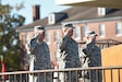 (From left to right) Command Sgt. Maj. Steven Hatchell, Brig. Gen. Scott Morcomb and Command Sgt. Maj. James Peter Matthews salute while the national anthem plays during the Change of Responsibility Ceremony held at Fort Knox, Ky. on Oct. 18. Matthews took the helm as the senior enlisted soldier from Command Sgt. Maj. Steven Hatchell. The 11th Theater Aviation Command (TAC) is the only aviation command in the Army Reserve. The 11th TAC has two missions, functioning as both a warfighting headquarters and as a functional command. As warfighting command, the 11th TAC provides command & control, staff planning, and supervision for two aviation brigades and one air traffic service battalion. As a functional command the 11th TAC provides command and control for all Army Reserve Aviation. (Photo by Renee Rhodes / Fort Knox Visual Information)