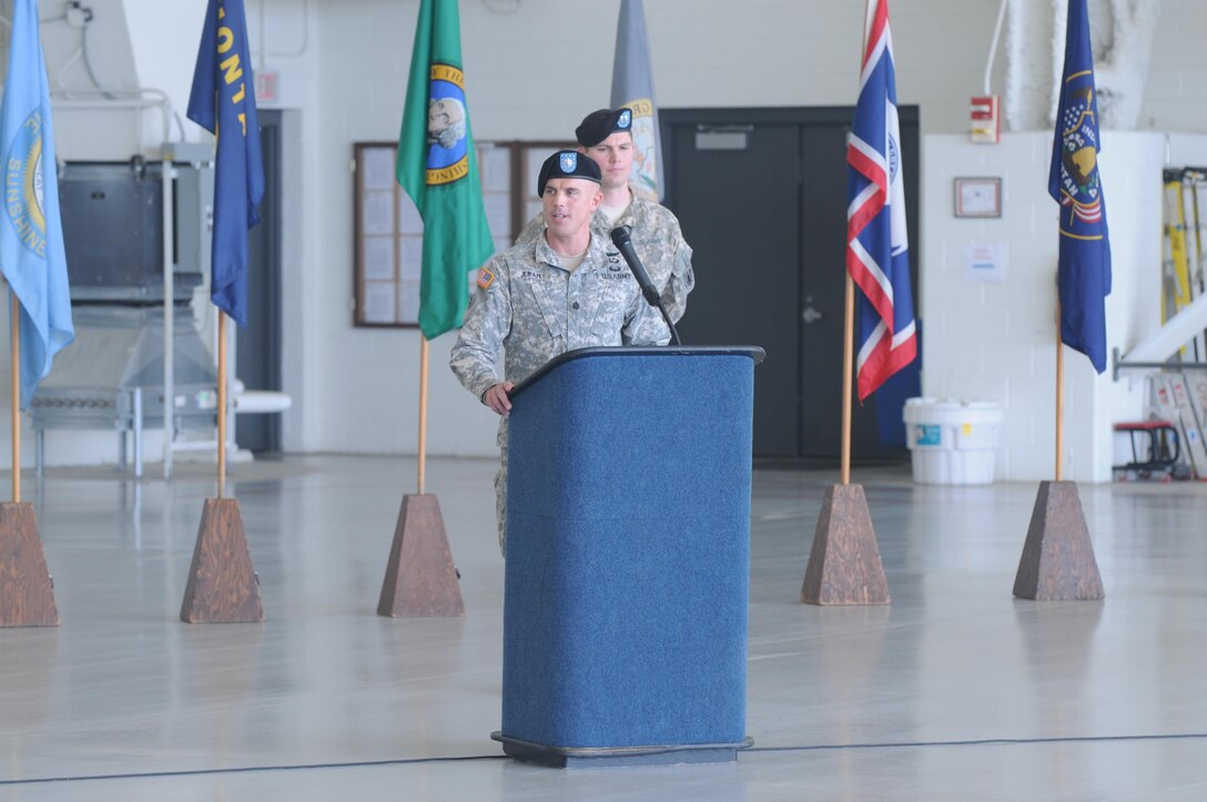 Lt. Col. Geoffrey Jeram addresses his officers and soldiers during his change of command ceremony that took place at its headquarters located on Joint Base McGuire-Dix-Lakehurst, Sunday, Aug. 9. (U.S. Army Photo by Capt. Matthew Roman, 11th Theater Aviation Command Public Affairs Officer)