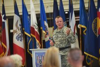 Brig. Gen. Scott Morcomb speaks to crowd immediately after being promoted to the rank of brigadier general in a ceremony at Godman Army Airfield, on Fort Knox Saturday. (Photo by Renee Rhodes/Fort Knox Visual Information)