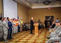 Florida Gov. Rick Scott speaks during a ceremony celebrating the completion of the U.S. 98/Cody Avenue interchange at Hurlburt Field, Fla., Nov. 2, 2015. The project elevated the U.S. 98 travel lanes above Cody Avenue to create a grade-separated interchange where traffic destined for Hurlburt accesses the gate via on- and off- ramps. (U.S. Air Force photo by Senior Airman Meagan Schutter/Released)