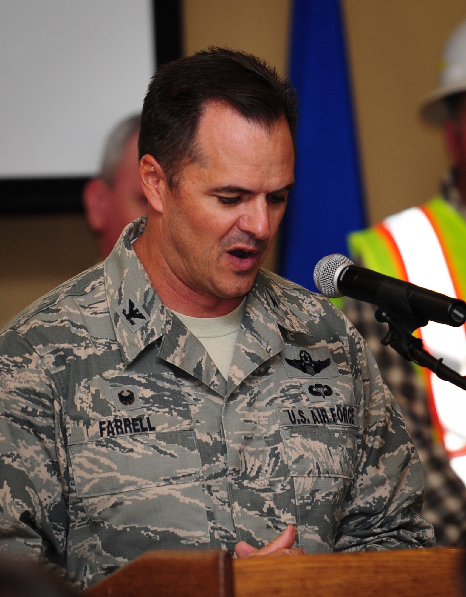 Col. Sean Farrell, 1st Special Operations Wing commander, speaks during a ceremony celebrating the completion of the U.S. 98/Cody Avenue interchange at Hurlburt Field, Fla., Nov. 2, 2015. The project elevated the U.S. 98 travel lanes above Cody Avenue to create a grade-separated interchange where traffic destined for Hurlburt accesses the gate via on- and off- ramps.  (U.S. Air Force photo by Senior Airman Meagan Schutter/Released)