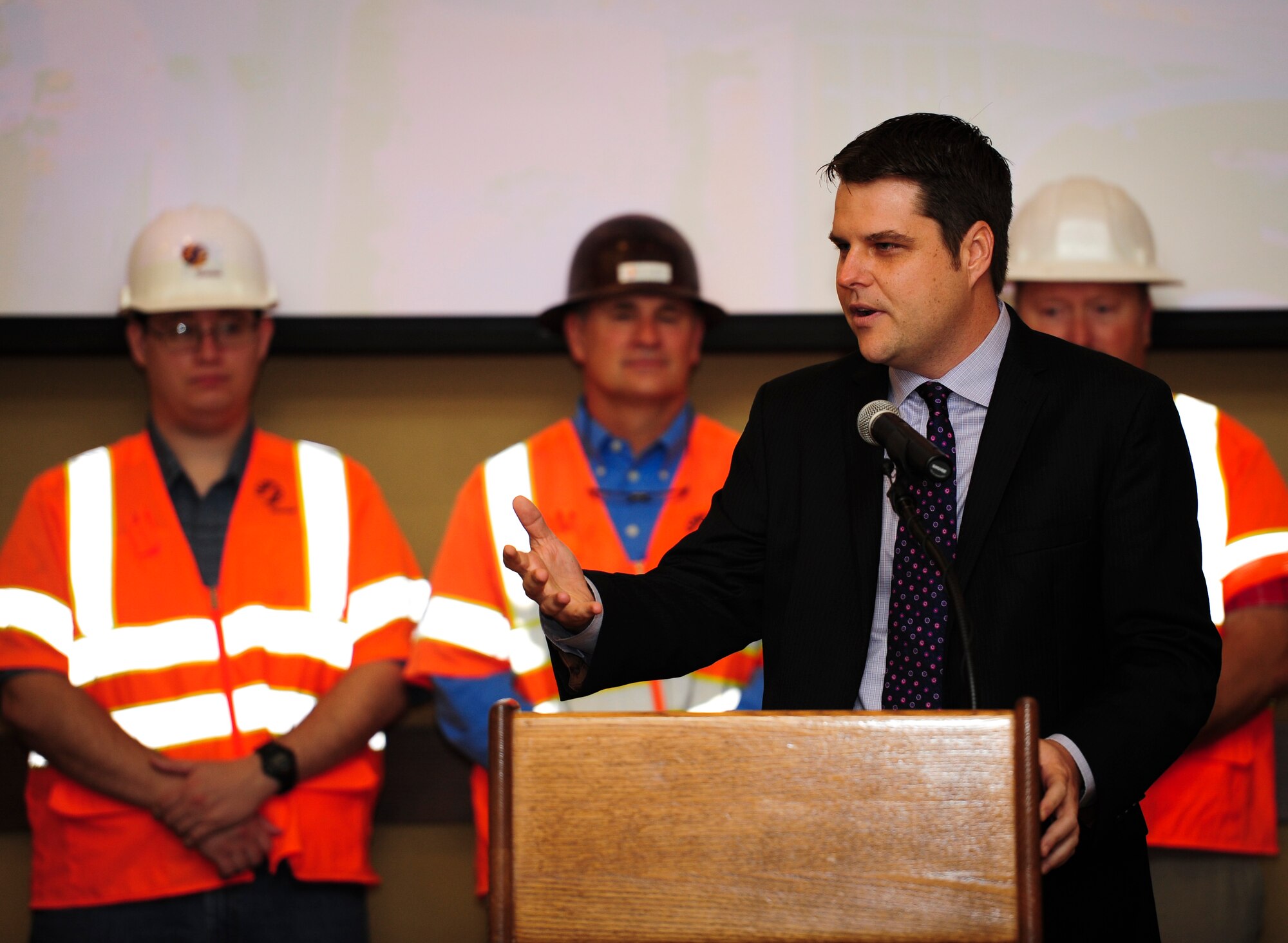 Florida Rep. Matt Gaetz speaks during a ceremony celebrating the completion of the U.S. 98/Cody Avenue interchange at Hurlburt Field, Fla., Nov. 2, 2015. The project elevated the U.S. 98 travel lanes above Cody Avenue to create a grade-separated interchange where traffic destined for Hurlburt accesses the gate via on- and off- ramps.  (U.S. Air Force photo by Senior Airman Meagan Schutter/Released)