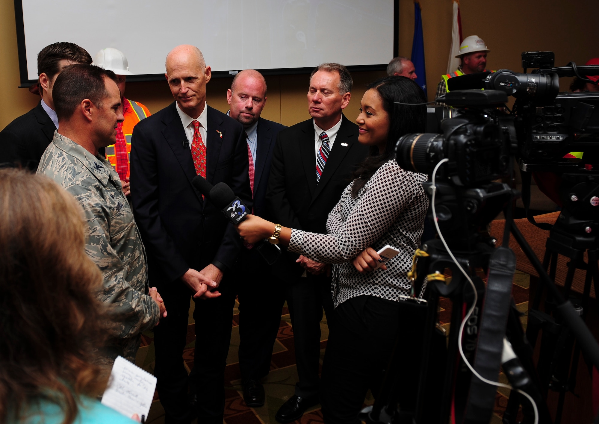 Col. Sean Farrell, 1st Special Operations Wing commander, speaks to local news agencies during a ceremony celebrating the completion of the U.S. 98/Cody Avenue interchange at Hurlburt Field, Fla., Nov. 2, 2015. The project elevated the U.S. 98 travel lanes above Cody Avenue to create a grade-separated interchange where traffic destined for Hurlburt accesses the gate via on- and off- ramps. (U.S. Air Force photo by Senior Airman Meagan Schutter/Released)