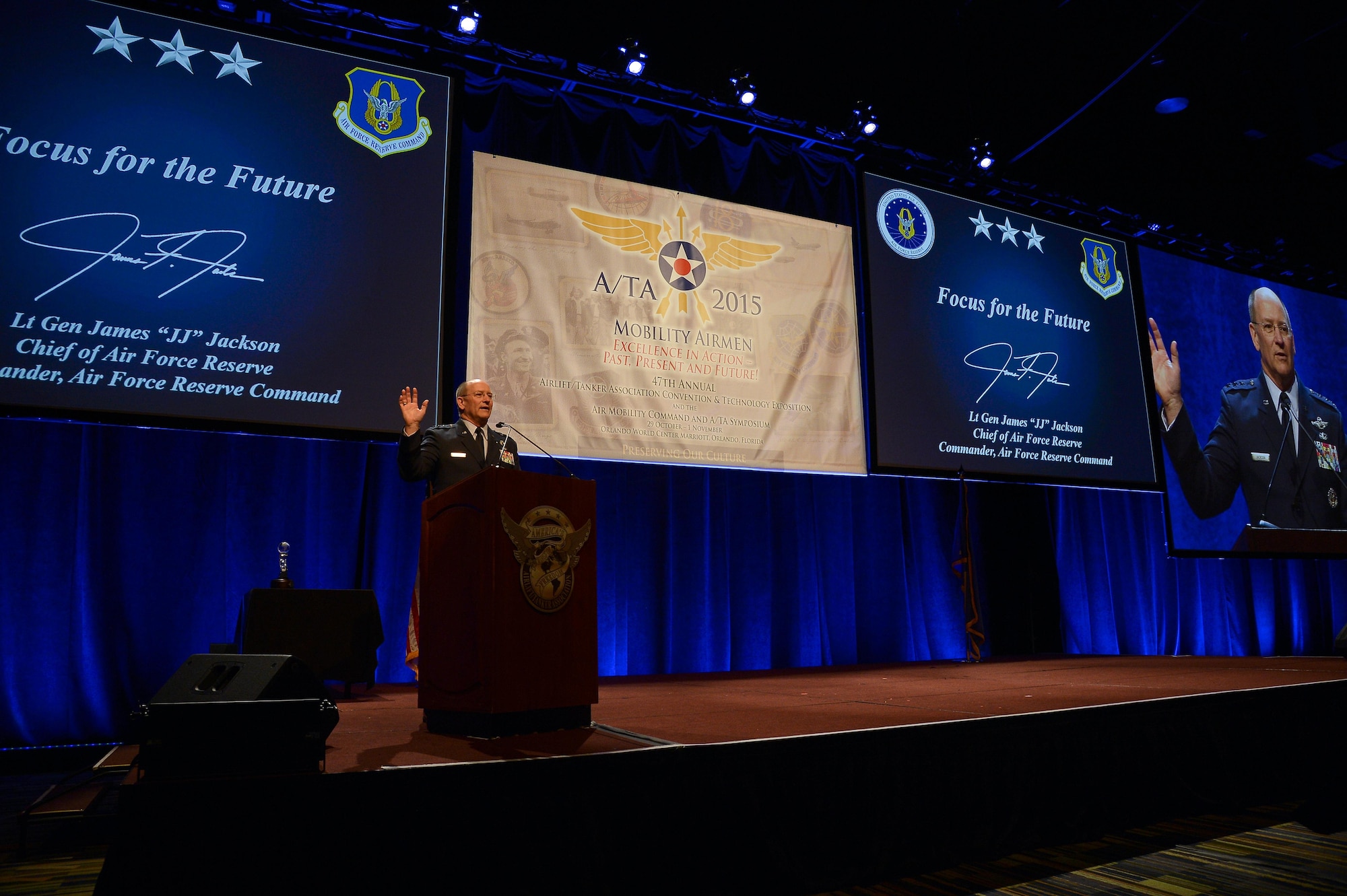 Lt. Gen. James F. Jackson, chief of the Air Force Reserve and commander, Air Force Reserve Command, spoke about the future of the Air Force Reserve during the 47th Annual Airlift/Tanker Association Convention in Orlando, Fla., Oct. 31. (U.S. Air Force photo/Staff Sgt. Shandresha Mitchell) 