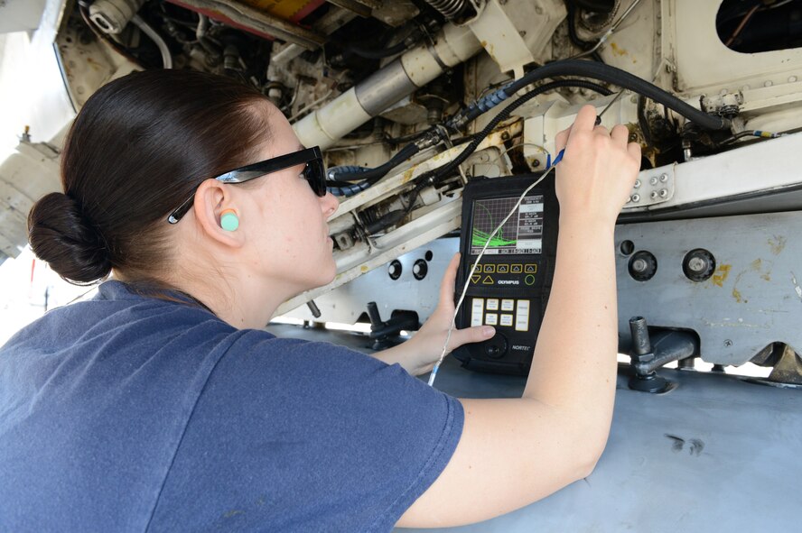 Airman 1st Class Adriana Van Wyk, 56th Equipment Maintenance Squadron nondestructive inspection technician, performs an eddy current test on an F-16 Fighting Falcon at Luke Air Force Base, Arizona, Oct. 30, 2015. The test checks for problems that may compromise the aircrafts structural integrity. (U.S. Air Force photo by Senior Airman James Hensley)