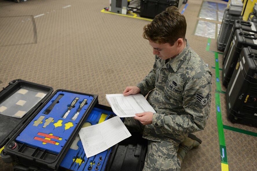 Senior Airman Joshua Rose, 56th Equipment Maintenance Squadron low observable aircraft structural maintenance journeyman, inspects a low observable dispatch box at Luke Air Force Base, Arizona, Nov. 2, 2015. Dispatch boxes need to be inspected prior to signing them out for use and upon return to keep track of equipment and ensure cleanliness. (U.S. Air Force photo by Senior Airman James Hensley)